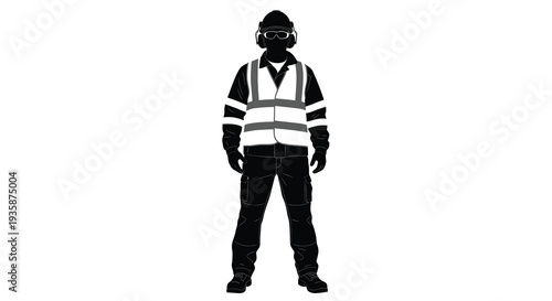 A stark black silhouette depicts a construction worker wearing protective gear and a high visibility vest silhouette high quality professional