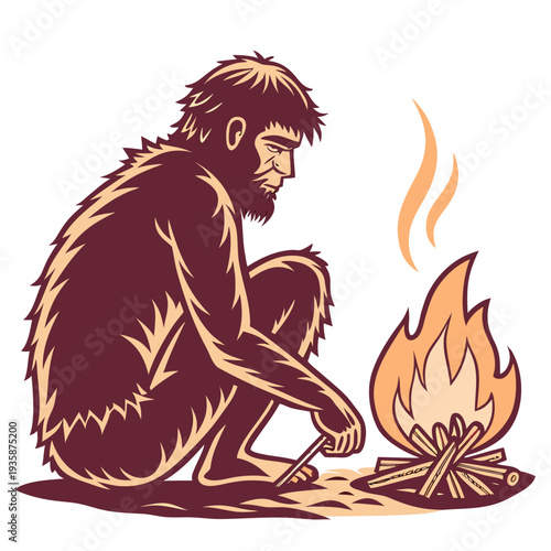 Caveman sitting by campfire with stick realistic sitting