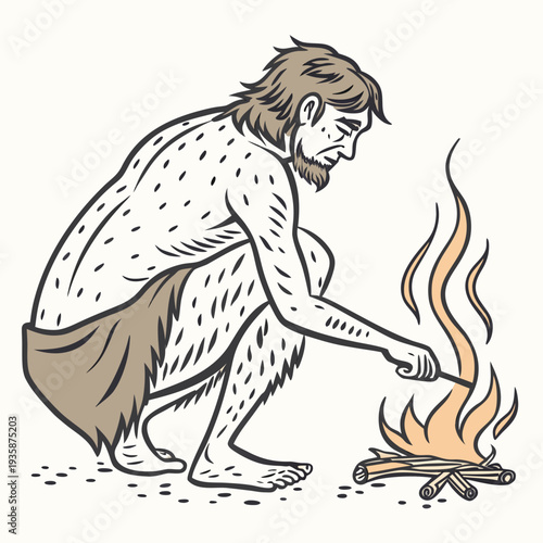 Caveman warming by campfire primitive