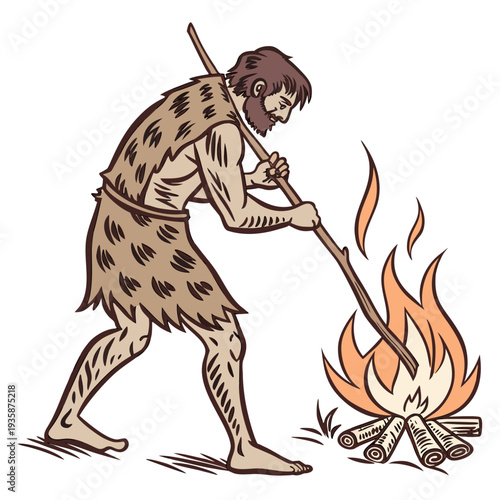Caveman warming by campfire with stick primitive ancient