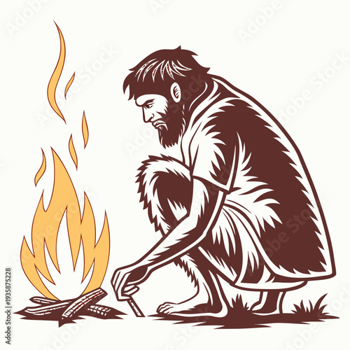 Of caveman sitting by fire quiet realistic
