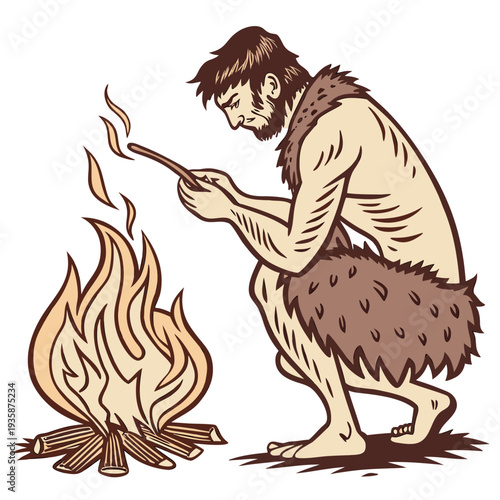 Caveman warming by campfire with stick primitive