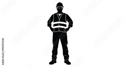 A striking black silhouette depicts a construction worker in full gear hands on hips representing safety and industry silhouette