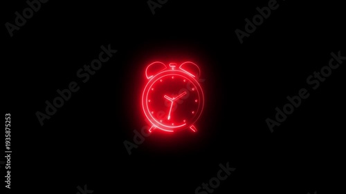 Neon red alarm clock glowing brightly on black background time concept