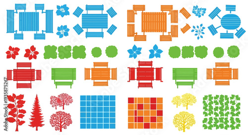 Colorful top down views of furniture flowers trees and patterned tiles