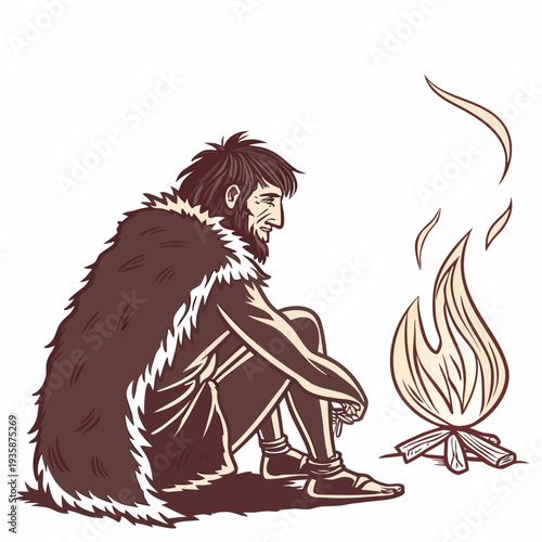 Of caveman sitting by campfire fur loincloth ancient