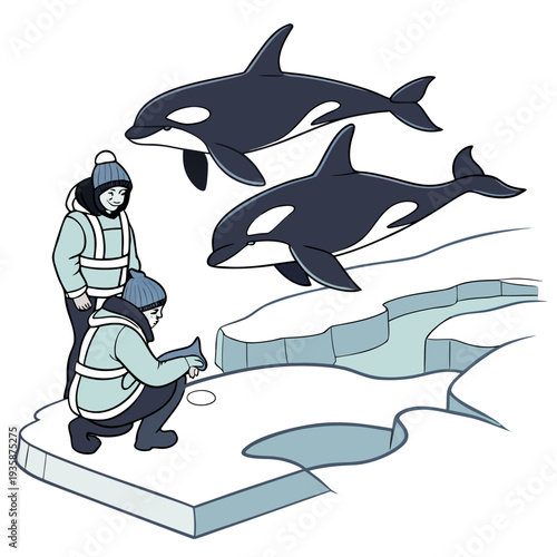 Orca whales swim near two people on ice floe winter