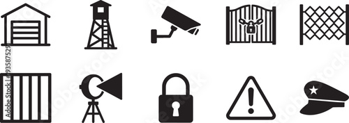 Brick wall with barbed wire icon set. Security barrier fence protection vector symbol collection.