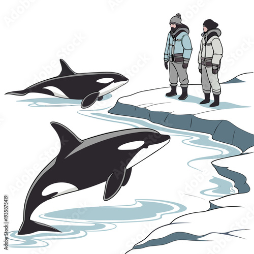 Two men observing orcas in icy waters frozen ocean