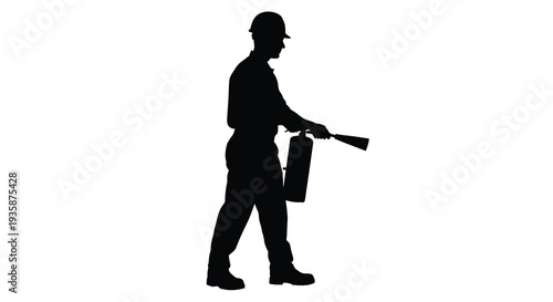 A stark black silhouette depicts a firefighter holding an extinguisher showcasing preparedness and safety protocols silhouette high quality professional