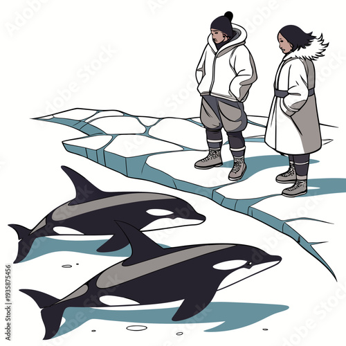 Two Inuit people standing on melting ice with orcas swimming below