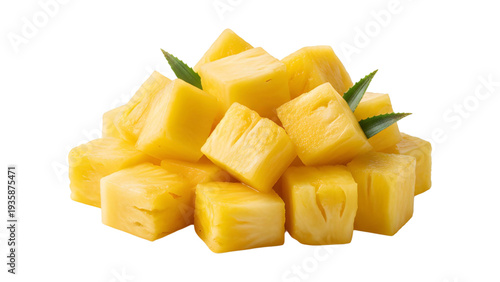 Pile of Fresh Diced Pineapple Cubes with Green Leaves Isolated on White Background