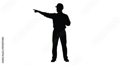 A full body view of a man in work attire pointing forward captured as a striking silhouette high quality