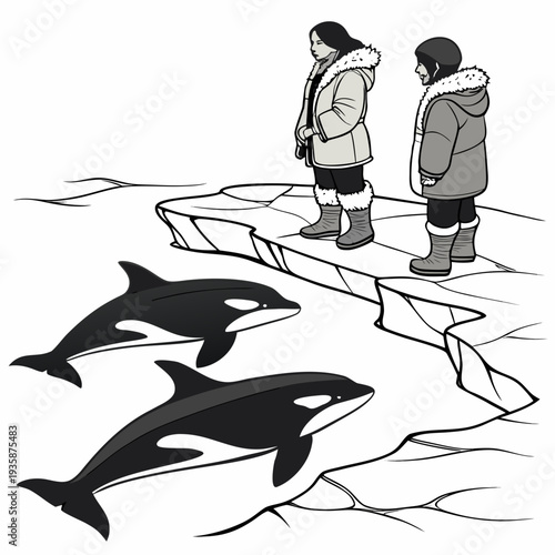 Two inuit people standing on ice floes watching orcas