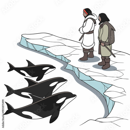 Two Inuit men standing on iceberg observing orcas swimming
