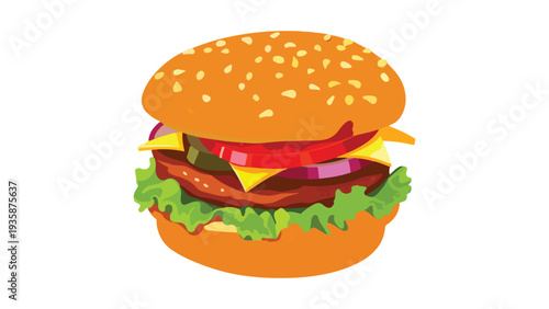 Delicious Cheeseburger Illustration with Sesame Bun and Fresh Vegetables Isolated on White Background