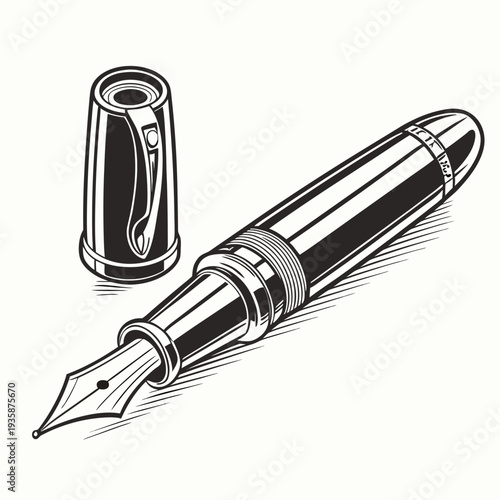 Black and white of a fountain pen and cap pen cap stationery