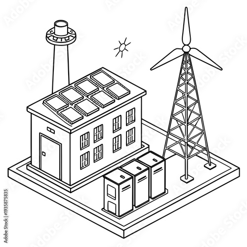 Isometric of building with solar panels and wind turbine