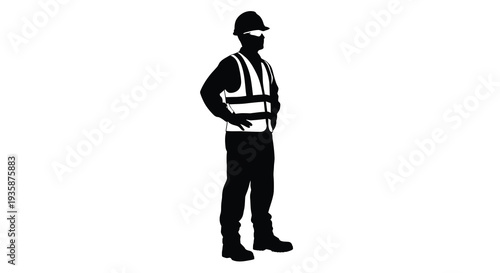 A striking black silhouette depicts a construction worker in full gear showcasing safety and labor silhouette high quality professional