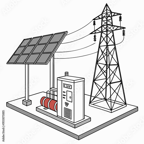 Solar panel connected to power transmission tower and generator