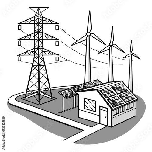 Black and white of a house with solar panels and wind turbines connected to power lines and a 1