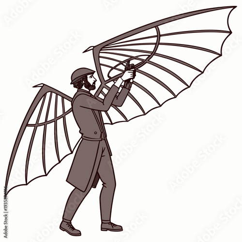 Man in vintage clothing holding large winged contraption