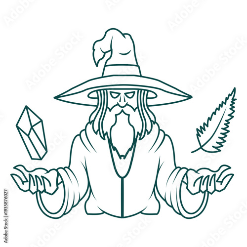 Wizard levitating crystal and feather stroke