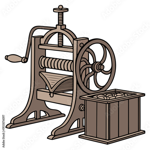 Vintage manual fruit press with wooden crate antique