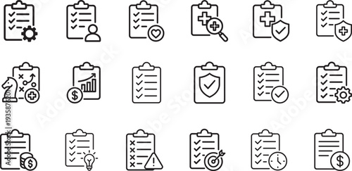 Report and survey editable line icons set. Analytics feedback form vector outline symbols.