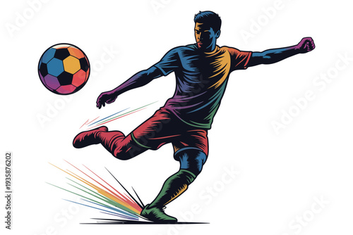 Soccer player kicking ball with colorful rainbow trail effect illustration male athlete in motion during football match game sport vector