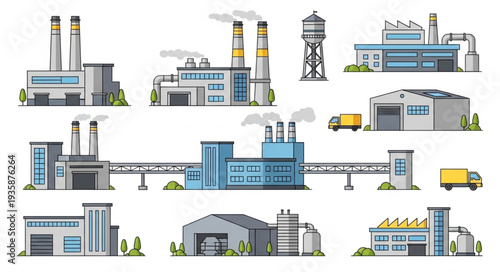 Collection of industrial factory buildings and structures illustration.