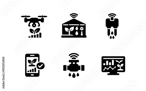 Smart farming technology icons showing drone, greenhouse, irrigation, and data analysis