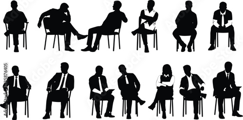 Business People Sitting on Chairs Silhouette Set of Professional Men and Women in Different Poses Isolated Vector Illustration