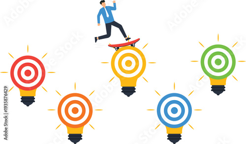 Running businessmen chained ankles, opposite directions, corporate deadlock, business conflict, idea competition, shared problem, constraint movement, flat design concept