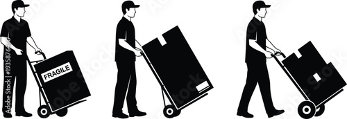 Delivery Worker Carrying Boxes with Hand Truck Vector Illustration Set, Courier Logistics Service Silhouette Collection Isolated Design