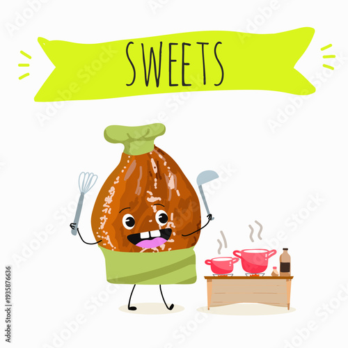 Funny Characters Ma'amoul dessert, Turkish candied chestnut (Kestane Sekeri) , hand drawn vector illustration.