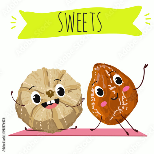 Funny Characters Ma'amoul dessert, Turkish candied chestnut (Kestane Sekeri) , hand drawn vector illustration.