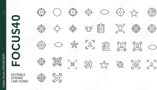 Focus Target and Selection Editable Stroke Line Icons Set with Crosshair Aim Vision Star User Detection Tracking UI Interface Vector Collection