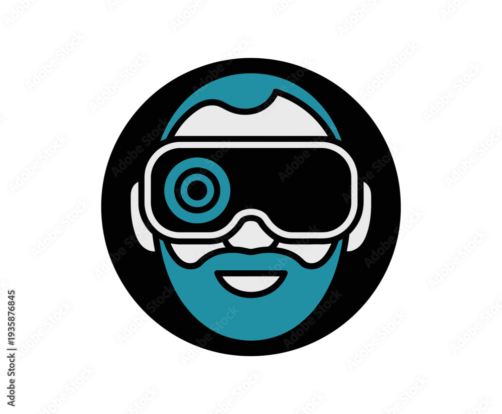 Obraz premium A smiling man wearing virtual reality goggles in a modern circular icon design
