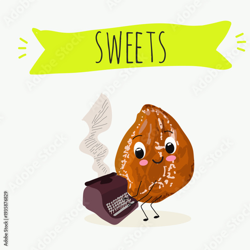 Funny Characters Ma'amoul dessert, Turkish candied chestnut (Kestane Sekeri) , hand drawn vector illustration.
