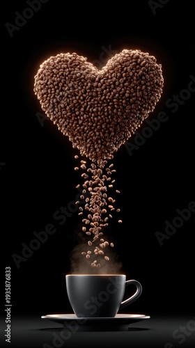 Coffee Love: Heart-Shaped Coffee Beans Floating Above Steaming Cup