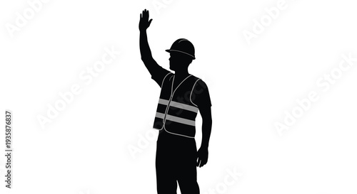 A construction worker in a safety vest and helmet waves creating a striking black silhouette high quality professional detailed