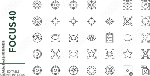 Focus Target Crosshair Editable Stroke Line Icons Set with Aim Selection Vision Tracking UI Interface Accuracy Detection Vector Collection