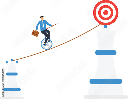 Businessman balancing tightrope walking unicycle riding business challenge achieving goals risk management strategic planning corporate strategy success journey target achievement financial risk