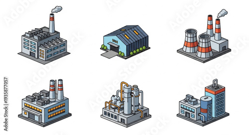 Collection of industrial factory buildings and power plants isometric icons.