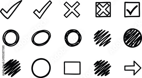A collection of hand drawn checkmarks crosses circles and other shapes