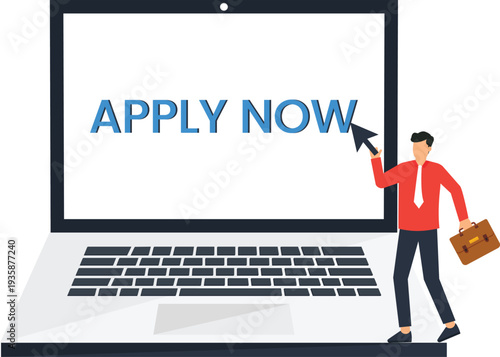 Businessman applying online job digital recruitment career opportunity laptop screen application process corporate man clicking button flat design hiring concept.