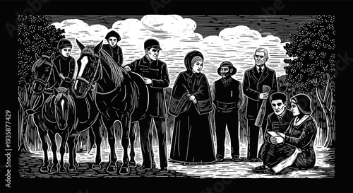 Group of People in Period Clothing with Horses in Outdoor Setting Under Cloudy Sky with Trees