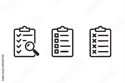 Minimal checklist clipboard icon set with task list and approval symbols for workflow design