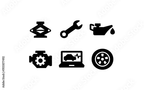 Collection of car repair and maintenance icons including engine, jack, wrench, oil, and diagnostic tools